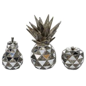 Silver Polystone Decorative Fruit Sculpture with Mirror Accents (Set of 3)
