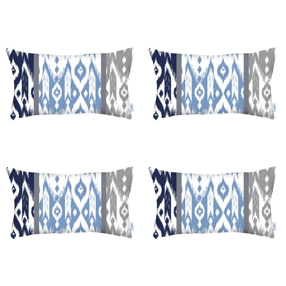 Blue and Gray Ikat Polyester Lumbar Pillow Covers Set of 4