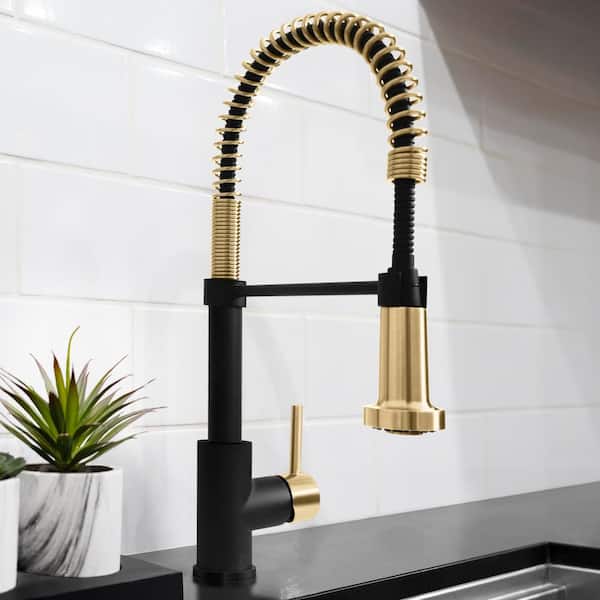 Autograph Edition 20.5 in. Apollo Pull Down Spring Single Handle Kitchen Faucet in Matte Black and Champagne Bronze