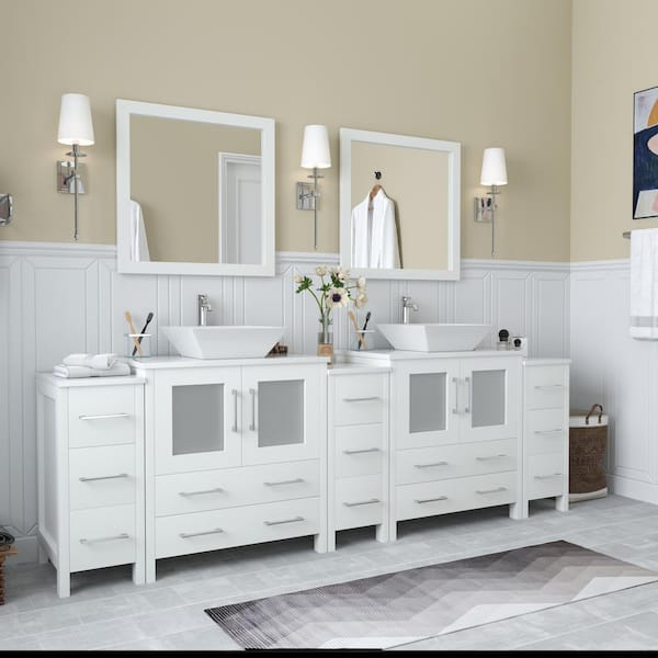 Ravenna 96 in. W Bathroom Vanity in White with Double Basin in White Engineered Marble Top and Mirrors