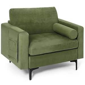 Fabric Accent Armchair Single Sofa with Bolster and Side Storage Pocket Army Green