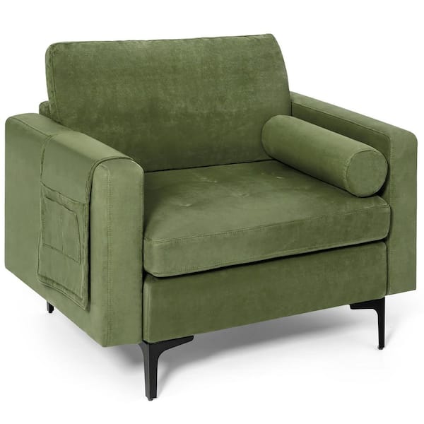 Costway Fabric Accent Armchair Single Sofa with Bolster and Side Storage Pocket Army Green