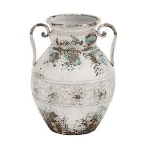 15 in. White Distressed Metal Decorative Vase