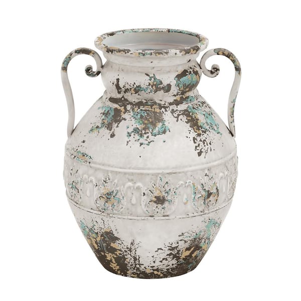 Litton Lane 15 in. White Distressed Metal Decorative Vase
