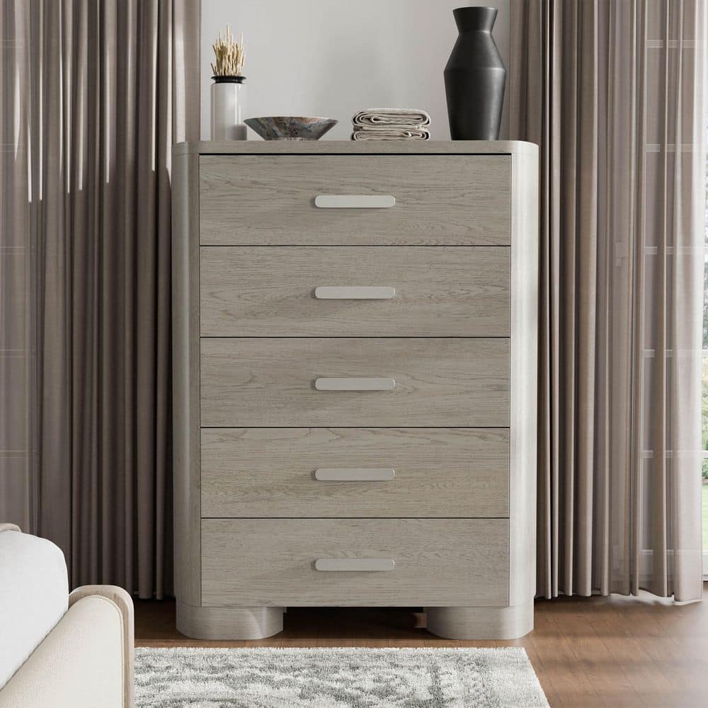 Susan White Oak 5-Drawer 40 in. Chest of Drawers with Oval Nickel Handles and Rounded Feet