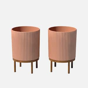 Demi 16 in. Raised with Stand Round Terracotta Plastic Planter with Brown Stand (2 Pack)