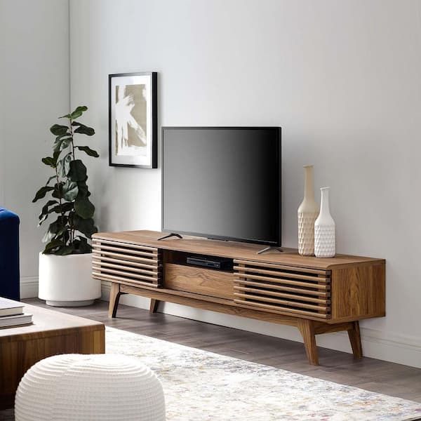 One Door TV Unit Television Stand Entertainment Cabinet Slatted Design  Walnut Wood Grain Effect