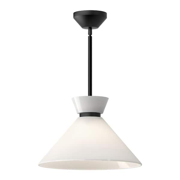 ALORA MOOD Halston 14 in. 1 Light 60-Watt Glossy Opal Glass/Matte Black Pendant Light