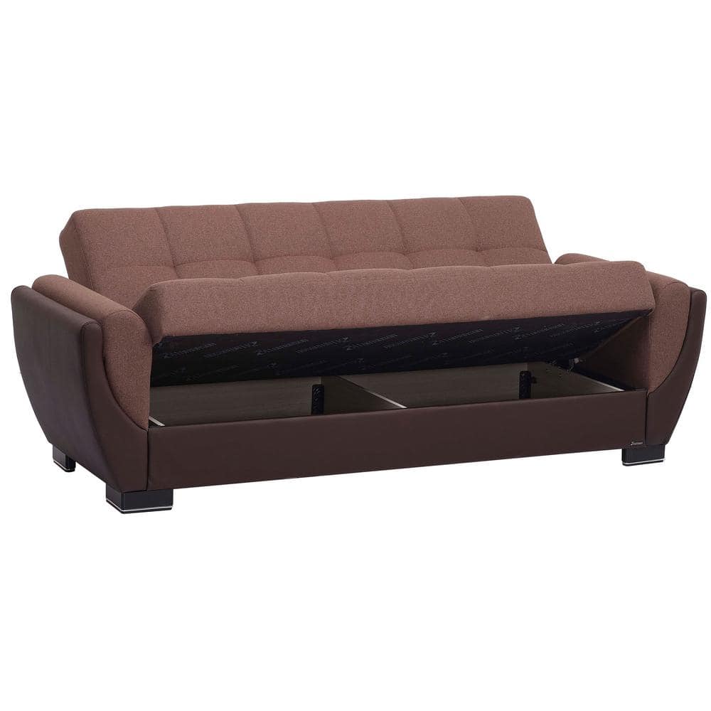 Brown sleeper sofa with the seat lifted to reveal interior storage.