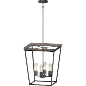 4-Light Black & Walnut Island Cage Pendant Light