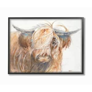 16 in. x 20 in. "Brown Horned Bull with Wind Swept Long Hair Painting" by Artist Third and Wall Framed Wall Art