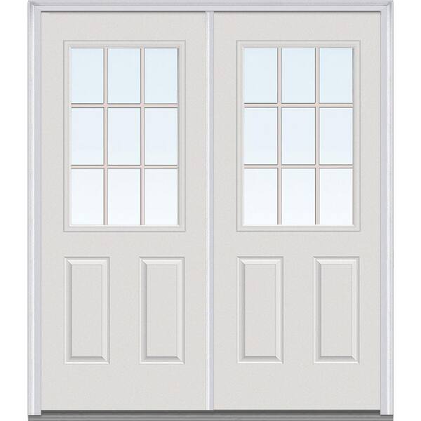 MMI Door 64 in. x 80 in. Tan Internal Grilles Right-Hand Inswing 1/2-Lite Clear Glass 2-Panel Painted Steel Prehung Front Door