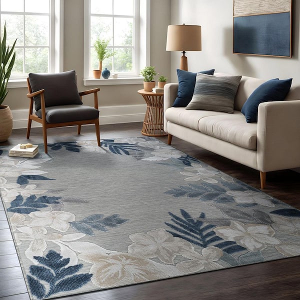 Eden 6 ft. x 9 ft. Blue  Washable Border Floral Indoor Outdoor Area Rug