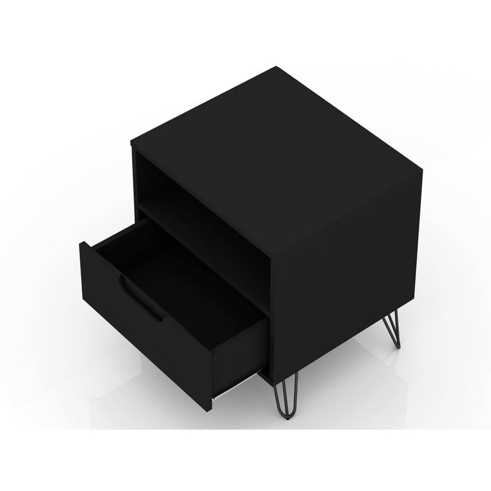 Rockefeller Black MDF 1-Drawer Nightstands with Metal Legs, Set of 2