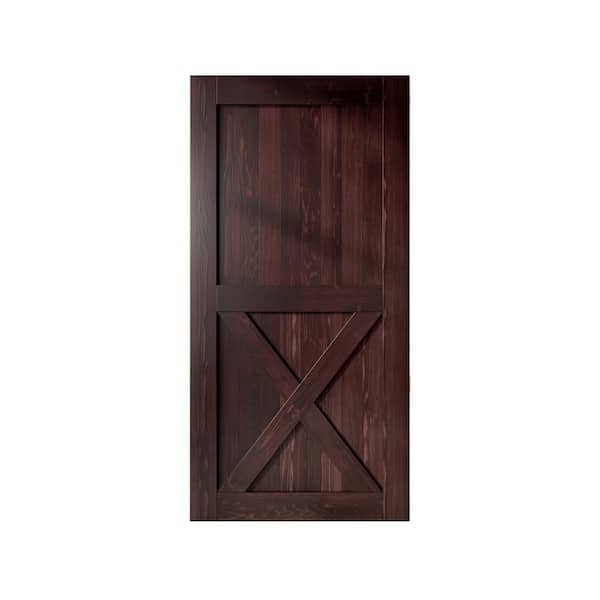 HOMACER 42 in. x 84 in. X-Frame Red Mahogany Solid Natural Pine Wood Panel Interior Sliding Barn Door Slab with Frame