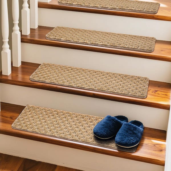 Mini Diamond Trellis Dark Beige 8 in. x 30 in. Carpet Stair Tread Cover Protector Low Pile Mat Rug Tape Free Set of 12