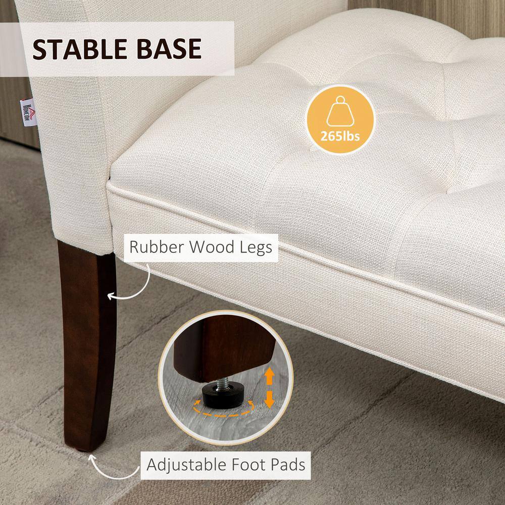 Elegant Cream White Linen Upholstered Bed End Bench with Tufted Design