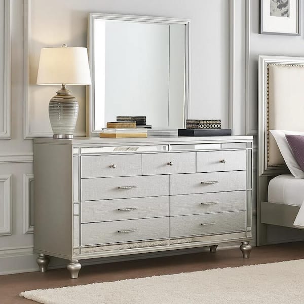 Bailey Silver and Chrome 9 Drawer 62 in. Dresser with Mirror
