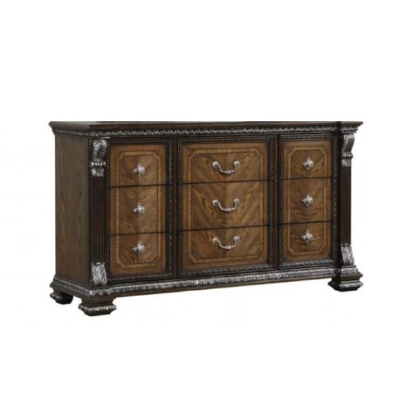 Benjara Naddy Espresso Brown and Silver 9 Drawer 68 in. Dresser