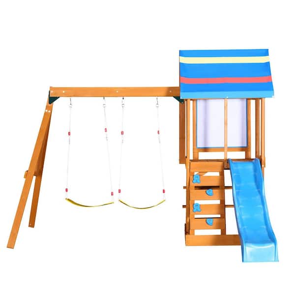 Wooden Blue 3-in-1 Swing Set, for Outdoor Backyards and Playgrounds, with Slide, 2-Swings and Climber