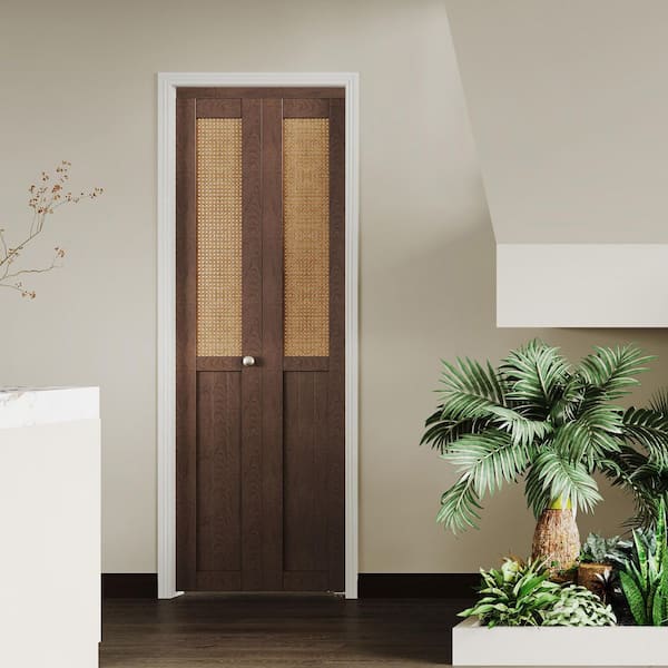 24 in. x 80 in. Half Webbing Half Panel MDF Cherry Solid Core Composite PVC Covering Bi-Fold Door with Hardware Kits