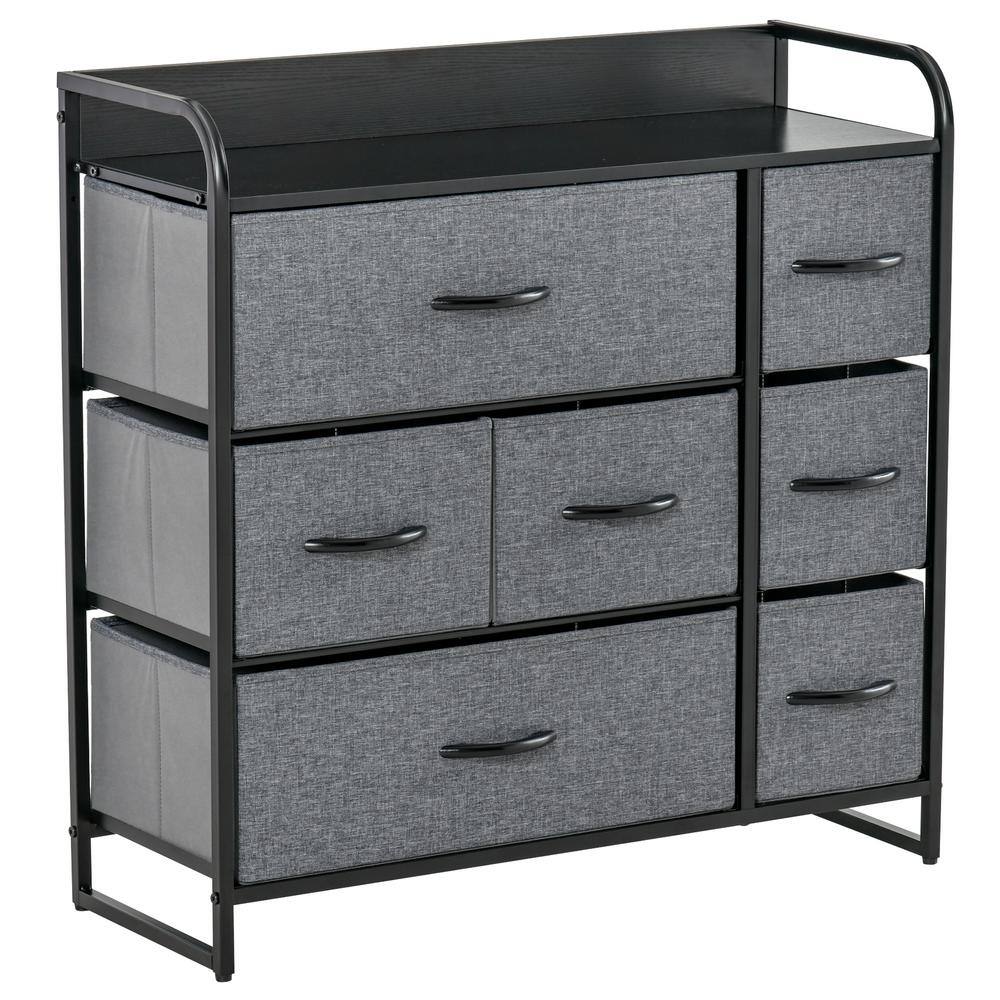 Gray Fabric 7-Drawer Dresser with Dark Wood Top and Steel Frame
