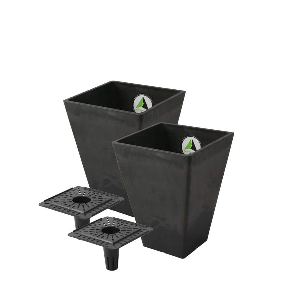 Valencia Black Composite Resin Square Planters with Watering Trays, 13-Inch, Set of 2