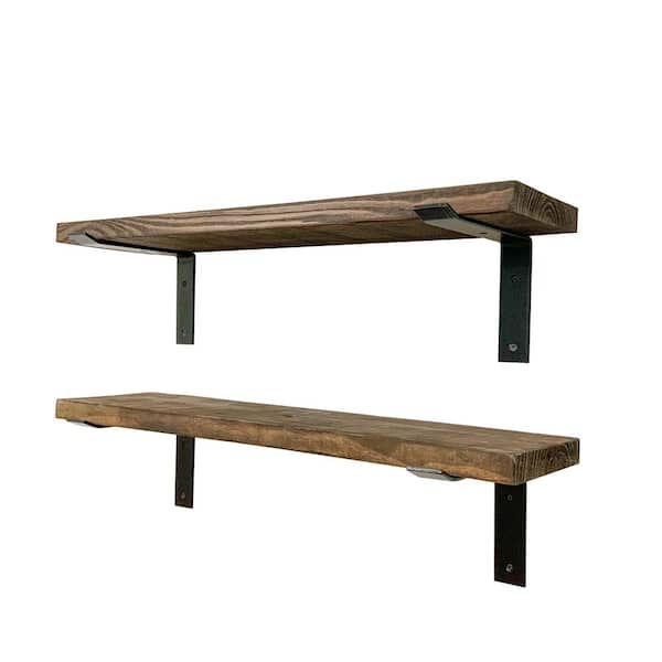 Intrinsic Haven Industrial 30 in. W x 10 in. D Dark Brown Pine Wood Heavy Duty Decorative Wall Shelf Set with Brackets