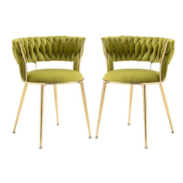 URTR Modern Green Velvet Dining Chairs Weaved Backrest Leisure Chair Golden Metal Legs for Kitchen, Living Room (Set of 2)