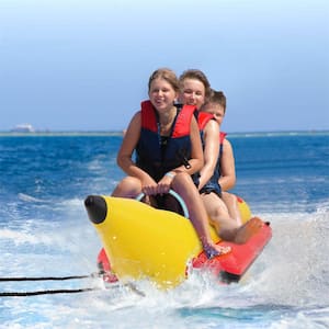 Red Plus Yellow 3-Person Inflatable Banana Boat with Boating and Water Sports Electric Air Pump