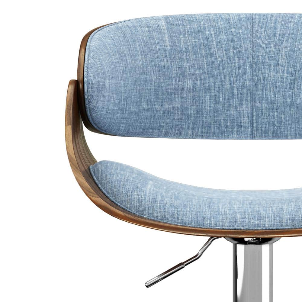 Denim Blue Adjustable Swivel Bar Stool with Walnut Veneer