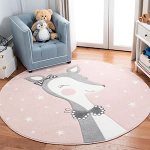 Carousel Kids Pink/Ivory 4 ft. x 4 ft. Solid Color Animal Print Round Area Rug