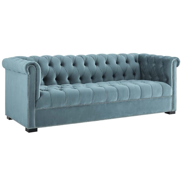 MODWAY Heritage 86 in. Sea Blue Velvet 4-Seater Tuxedo Sofa with Round Arms