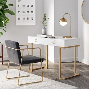 Leighton White 2-Drawer Writing Desk or Vanity with Gold Accent