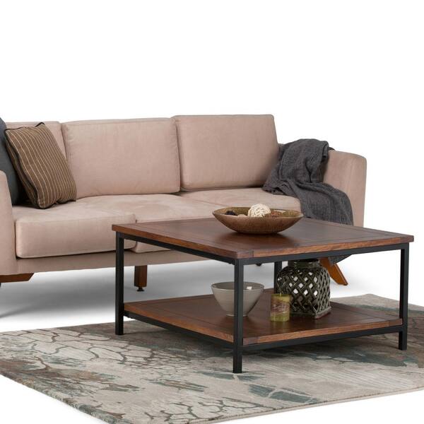 Simpli Home Skyler Solid Mango Wood and Metal 34 in. Wide Square Industrial  Coffee Table in Dark Cognac Brown 3AXCSKY-02 The Home Depot