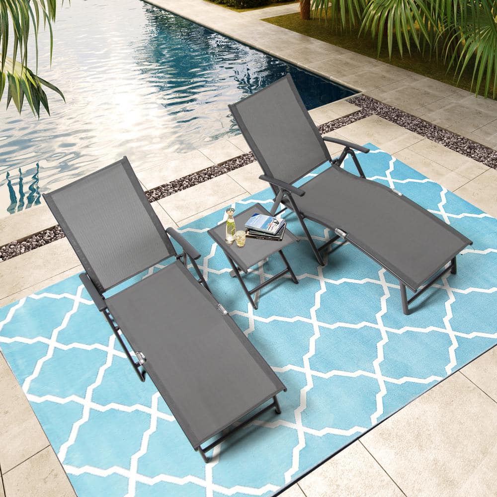 Gray Aluminum 2-Person Adjustable Outdoor Chaise Lounge Set with Table