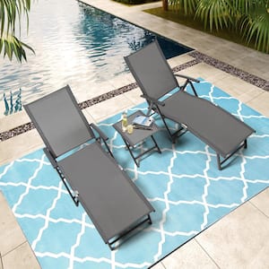 3-Piece Adjustable Aluminum Outdoor Chaise Lounge in Gray with Side Table