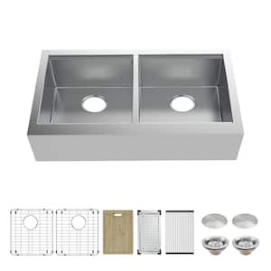 Professional Zero Radius 33 in. Apron-Front Double Bowl 16G Stainless Steel Workstation Kitchen Sink with Accessories