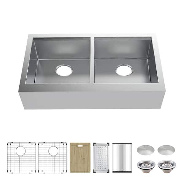 Glacier Bay Professional Zero Radius 33 in. Apron-Front Double Bowl 16G Stainless Steel Workstation Kitchen Sink with Accessories