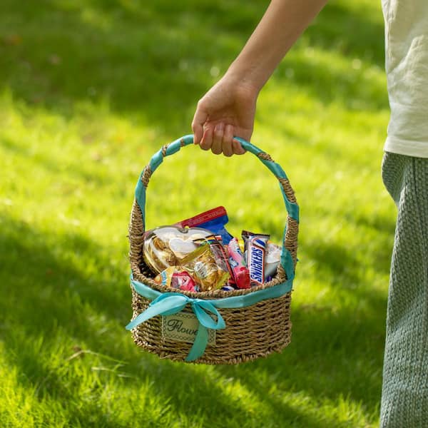 Christian Wicker Basket He Is Risen Burlap Wicker Basket Turquoise Leaves Decorated Basket Vintage top Gift Basket Boho Table Easter Decor