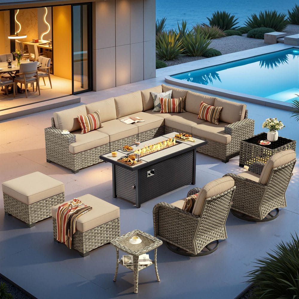 Epoch 13 Pieces Wicker Outdoor Patio 54 in. Rectangular Fire Pit Set and Swivel Rocking Chairs with Beige Cushions price history on PriceWatchPro