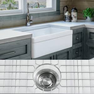Luxury White Solid Fireclay 30 in. Single Bowl Farmhouse Apron Kitchen Sink with Stainless Steel Accs and Belted Front