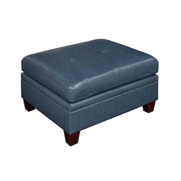 Benjara Blue Leather Square Accent Ottoman