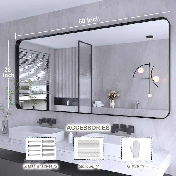 Klajowp 60 in. W x 28 in. H Large Rectangular Framed Wall Mounted Bathroom Vanity Mirror in Black