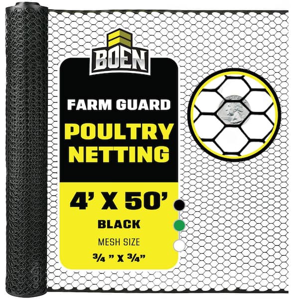 BOEN 4 ft. x 50 ft. Plastic Black Poultry Hex Garden Fence Netting