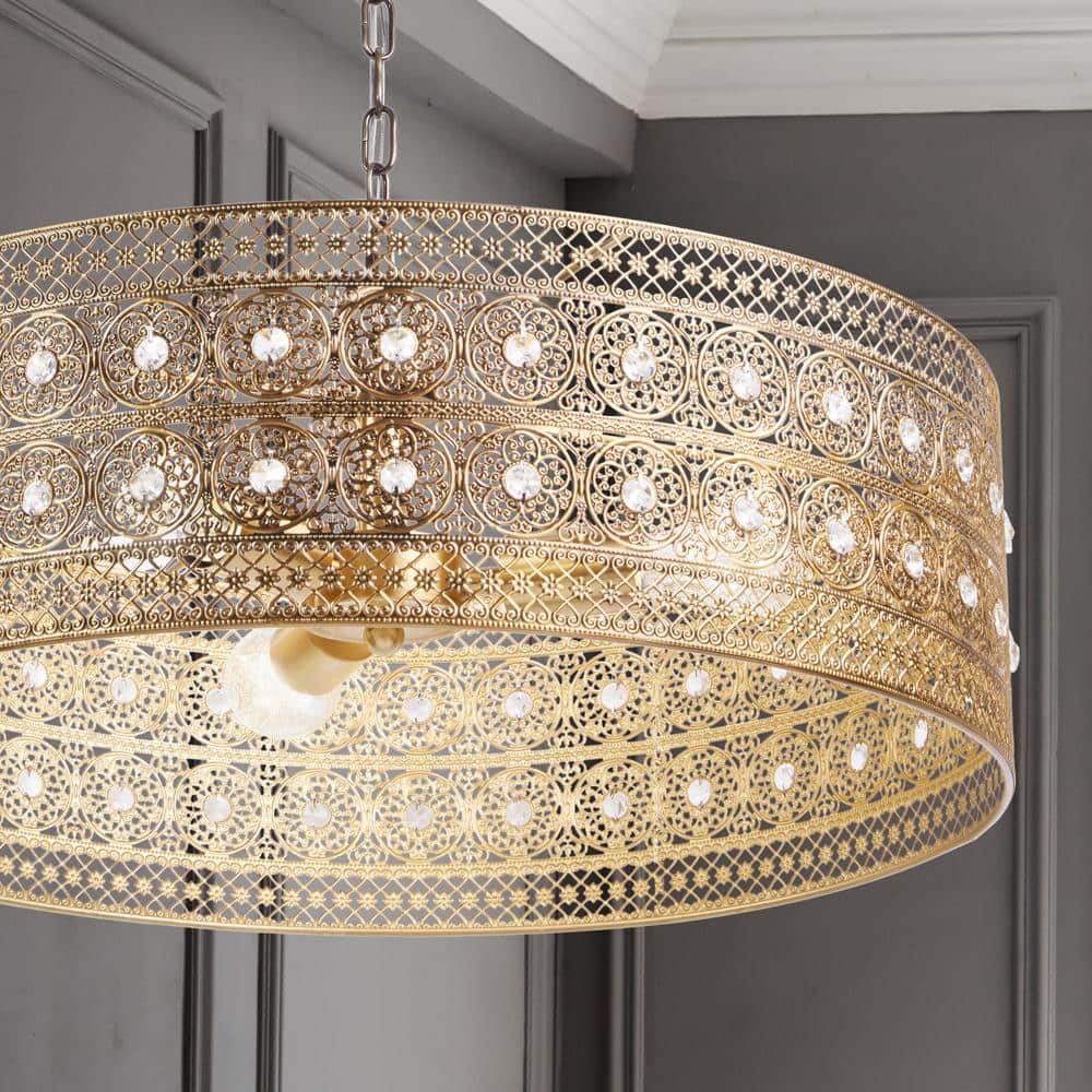 Elegant Brass and Crystal Drum Chandelier, 26" Glam Pendant Light