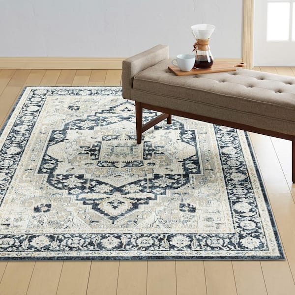 Treasure Rubia Ivory/Navy Blue 5 ft. x 7 ft. Medallion Machine Washable Runner Area Rug