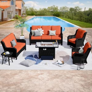 Mercury Brown 6-Piece Wicker Patio Rectangle Fire Pit Conversation Seating Set with Orange Red Cushions