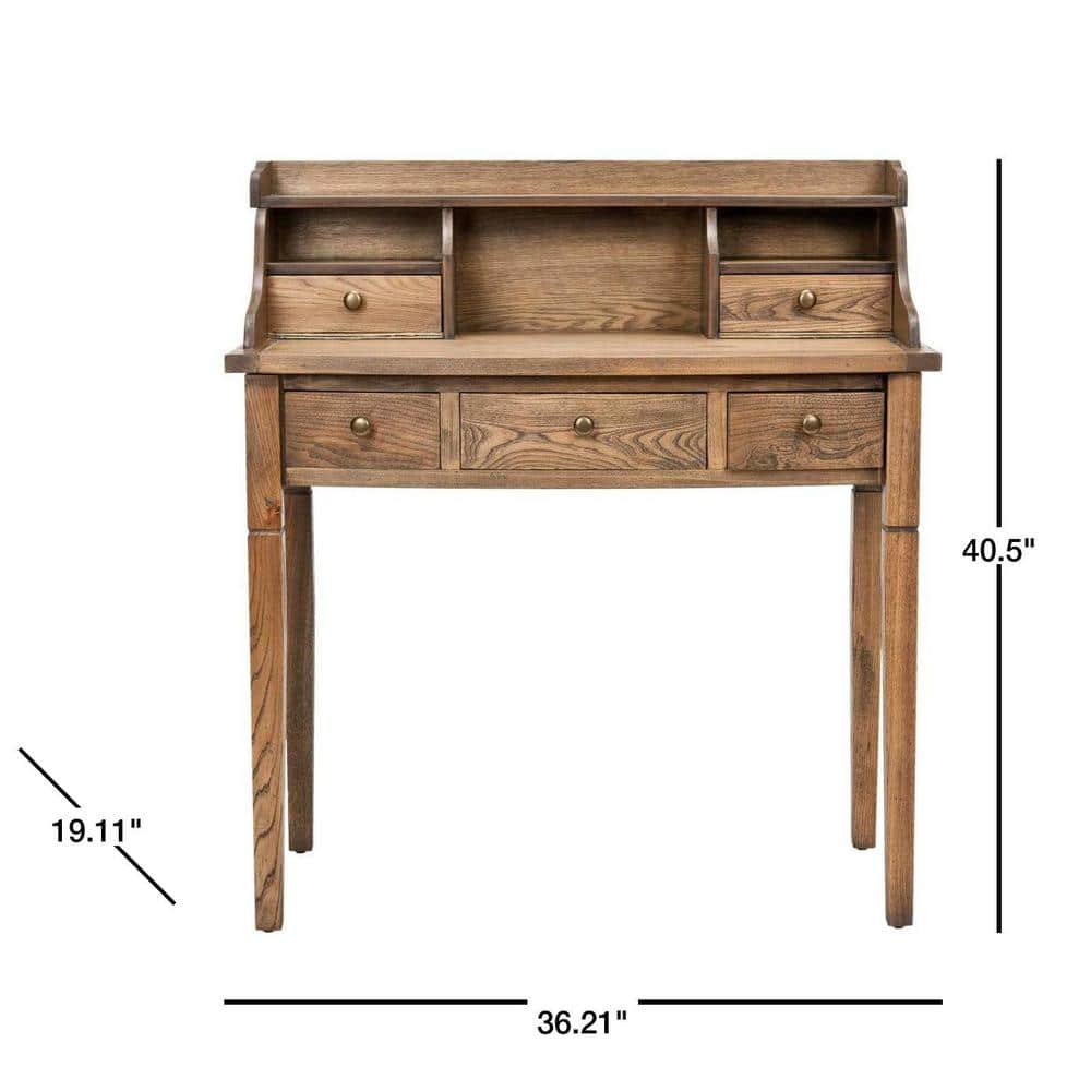 Transitional Oak 5-Drawer Writing Desk with Hutch and Cubbies