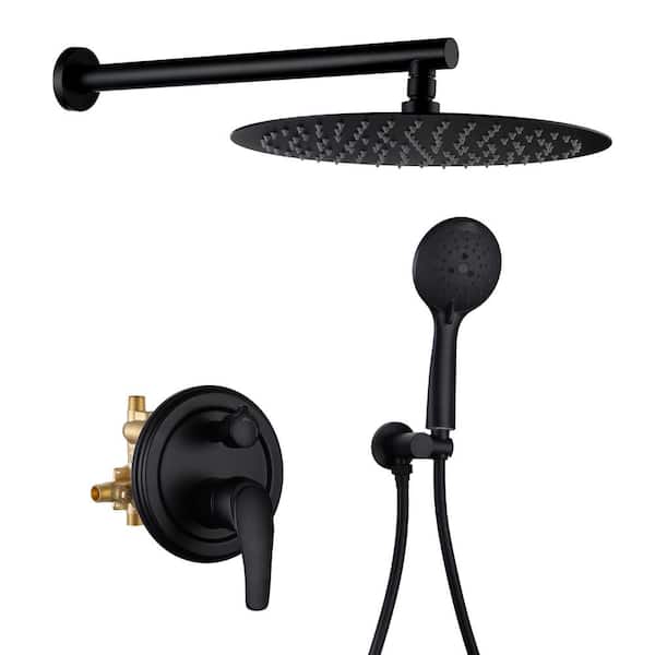 AIMADI Single Handle 5-Spray Wall Mount Shower Faucet 1.8 GPM with Pressure Balance 12 in. Brass Shower System in Matte Black